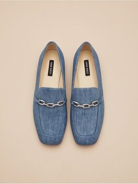 Nine West Blue Denim Loafers Silver Chain Bit Flats Size 6.5M